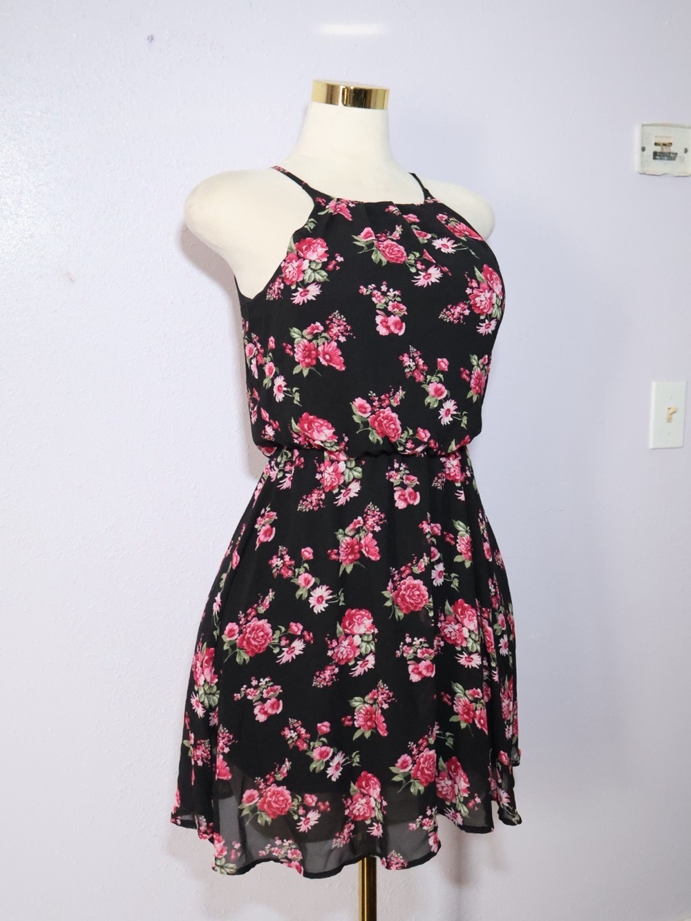 Francesca's Collections Black Halter Mini Dress with Pink Rose Print